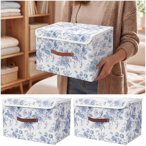 2 Pack Blue Floral Storage Bin with Lids Handles Large Blue and White Porcelain Storage Boxes 10x8x7 Inch Foldable Fabric Basket Decorative Cube Organizer for Clothes Nursery Home Dorm - size: 10x8x7 Inch