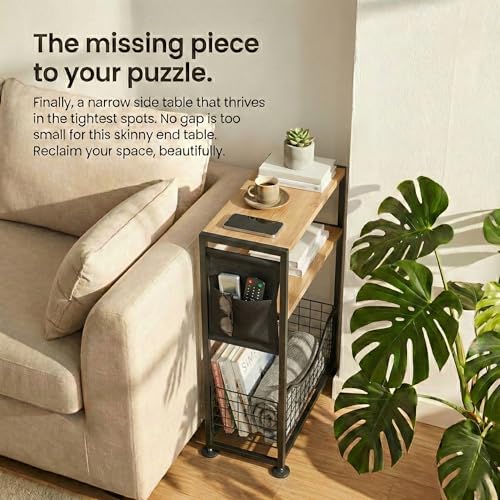 Skinny Side Table with Storage, 3 Tier Slim Side Tables for Small Spaces, Skinny End Table Narrow Bedside Table Narrow Side Table for Living Room, Bedroom - color: Oak