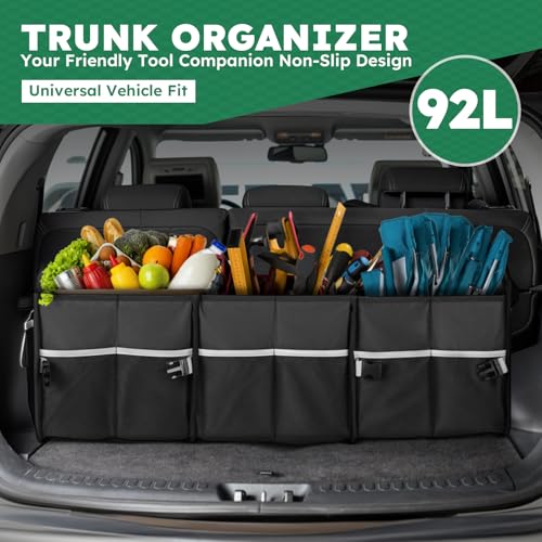 Heavy-Duty Trunk Organizer & Multi-Compartment Storage Box for SUV/Sedan/Minivan,600D Waterproof Oxford,2 Securing Hooks & Reflective Strips-Large Capacity Organiser(92L) - size: 92l (Organizer Only)