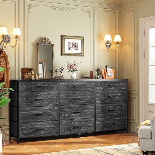 Romorgniz 55" Long Dresser for Bedroom with 12 Fabric Drawers, Entertainment Center for 60 inch TV Dressers & Chests of Drawers Large Organizer, Living Room, Metal Frame, Wood Top, Black - color: Black