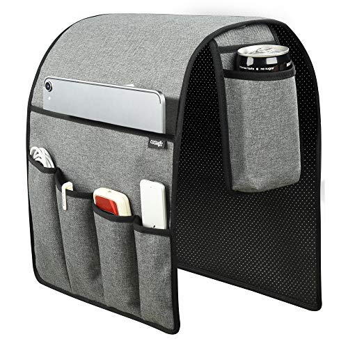Sofa Armrest Organizer Couch Remote Holder, Sofa Caddy Bedside Organizer Recliner Armchair Accessory for iPad Tablet Phone Magazines in Home Bedroom Office Hotel, 5 Pockets with Font Side Drink Holder