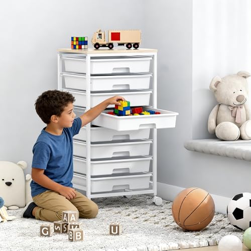 SYKIARIOL Rolling Storage Cart with Drawers,Utility Cart With 8 Drawers and Wooden Tabletop,Rolling Drawer Cart,Storage Drawer Cart for Living Room,Classroom,Bedroom,Bathroom,Dorm,Office,White - color: White