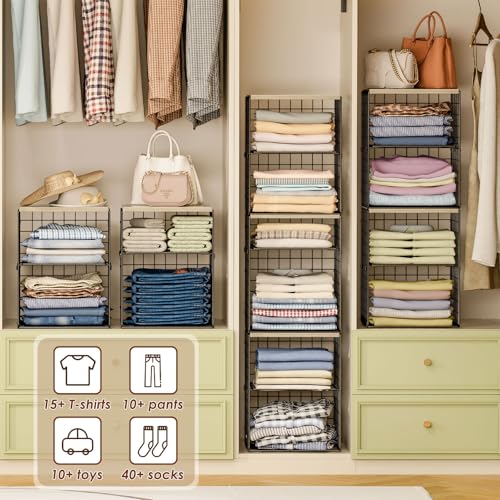 4-Tier Stackable Closet Organizers and Storage, Adjustable Dividers & Wood Top Storage Shelves for Clothes, Wardrobe & Closet Storage Basket Bins/Cube, Space-Saving Closet Organizer System, Black - color: Black