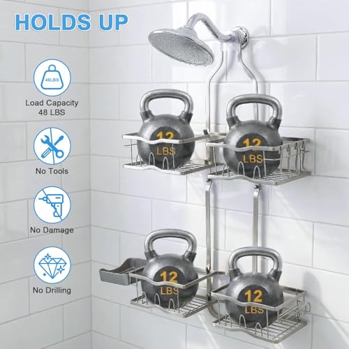 Shower Caddy Hanging Organizer, Rustproof Shower Organizer Hanging for Handheld Showerhead with Hooks for Razor/Sponge, Bathroom Caddy Rack Shower Shelves for Shampoo Soap Towels, Silver - color: Silver