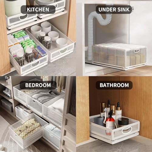 Sliding Cabinet Basket Organizer Drawer Self Adhesive Slide out Pantry Shelves Heavy Duty Carbon Steel Slide Cabinet Storage Basket with Handle for Bathroom Kitchen Home - size: Medium