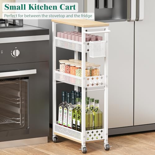 Slim Storage Cart 4 Tier Laundry Cart with Wheels, Narrow Metal Kitchen Rolling Carts Bathroom Organizers Storage Shelf with Wood Rack and Handle for Small Space - color: White