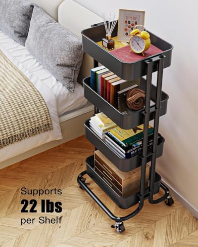 Pipishell 4 Tier Metal Rolling Utility Cart, Heavy-Duty Storage Rolling Cart with 2 Lockable Wheels, Multifunctional Mesh Organization Utility Cart for Kitchen Dining Room Living Room, PIUC13B - color: Black, size: 4 Tier