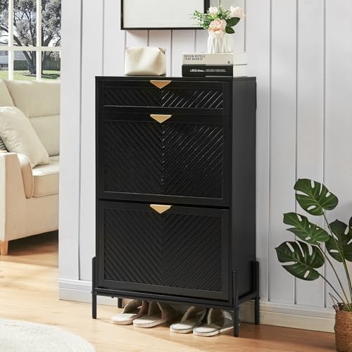 Shoe Cabinet Storage with 2 Flip Drawers, Narrow Hidden Shoes Organizer Cabinet for Entryway, Freestanding Slim Shoe Rack Front Door Entrance(Black) - color: Black, size: Medium