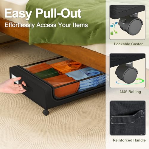 GoMaihe Under Bed Storage with Wheels: 48L Underbed Storage Containers with Clear Lids - Rolling Drawers & Bins for Shoes Clothes in Dorm Bedroom - Space-Saving Easy Pull-out Black 2-Pack - color: Black, size: Large(2Pack)