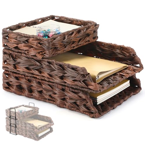 Geelin 3 Pack Water Hyacinth Woven Stackable Desk Organizer Letter Tray, Brown Tabletop Desk Basket for Storage Paper Letter Folders Notebooks Copy Print, Workspace Holder - color: Brown