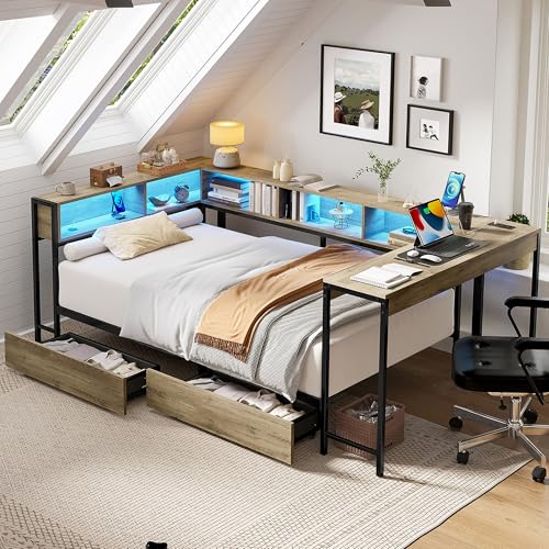 HRVEOCEI Corner Bed Frame Twin with Storage Bookshelf & Desk, U-Shaped Daybed Frame with 2 Drawers, Metal Corner Beds with Charging Station & LED Lights for Bedroom, Flip Left or Right (Grey, Twin) - color: Grey, size: Twin