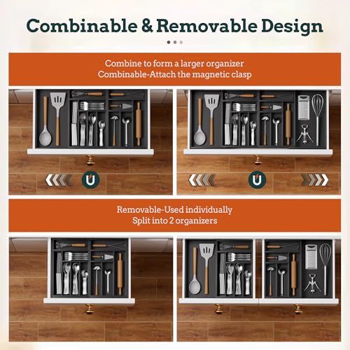 Silverware Organizer Large, Magnetic Connected Expandable 13 Slots Silverware Drawer Organizer From 21 to 37.4 Inches, Adjustable Flatware and Cutlery Holder, Bamboo Utensil Tray for Kitchen Black - color: Black, size: 13 Slots