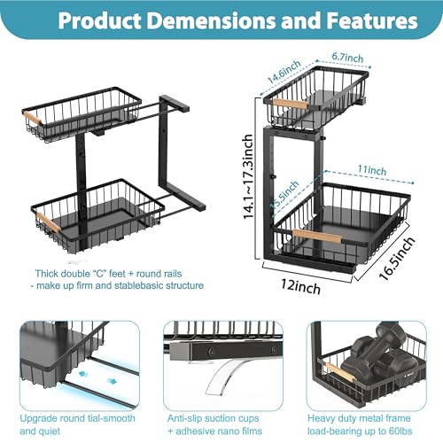 Liuoud Under Sink Organizer 2 Pack, 2 Tier Slide Out Large Capacity Height Adjustable Under Sink Organizers and Storage for Kitchen Bathroom Cabinet, Black - color: Black