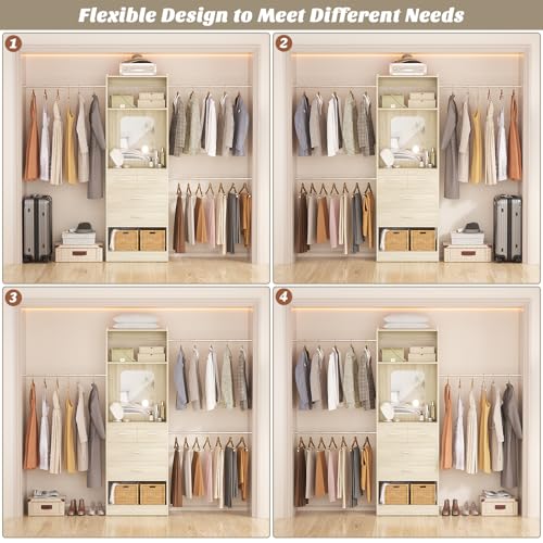 Unikito 8FT Closet System, Customizable 96” Closet Storage Organizer with 25” Tower and 3 Extendable Hanging Rods (Can Be Cut to Fit), Heavy Duty Clothing Racks with 4 Drawers and Shelves, White Oak - color: White Oak