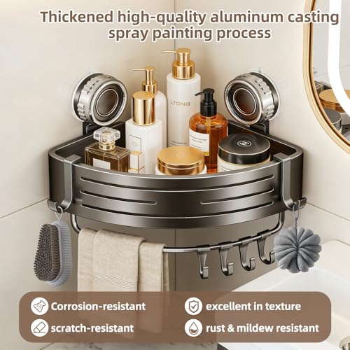 Corner Shower Caddy,Suction Cup Shower Bathroom Wall Shelf,No Drill Rust Proof Aluminum Organizer with Hooks,Floating Rack for Inside (Suction Cup Corner Shower Caddy,1 Tier,Gray) - style: Suction Cup Corner Shower Caddy ,1 Tier ,Gray