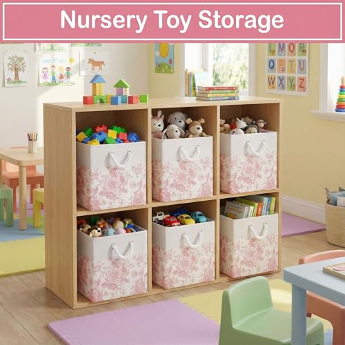 LemonRoad 6 Pcs Pink Floral Cube Storage Bins 11.22 Inch Square Storage Basket with Handle, Preppy Girls Organizer Basket, Collapsible Fabric Box for Classroom Bedrooms Office Home Decoration Gift - color: Pink, size: 11.22 Inch, style: Floral