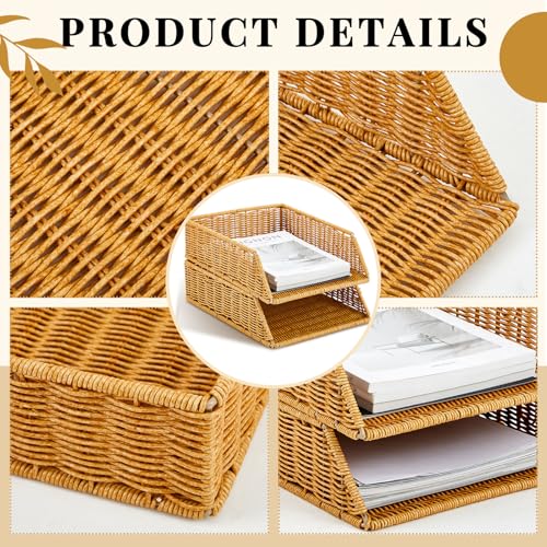 Yeaqee 2 Pcs Paper Tray Organizer for Desk Woven Letter File Organizer A4 File Tray Desk Paper Basket Letter Size Imitation Rattan Holder Organization Rack for Office Storage(Brown,Sleek Style) - style: Sleek Style