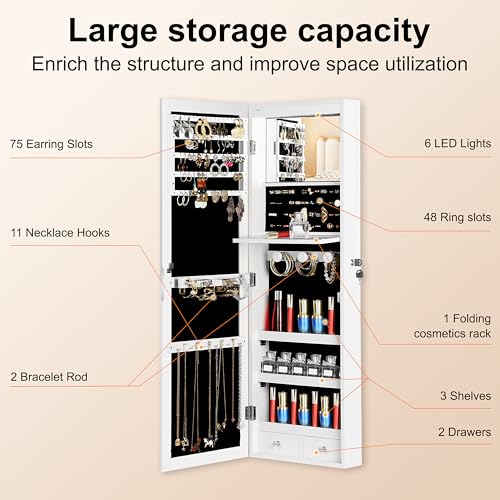 Mirror Jewelry Cabinet, Wall/Door Mounted Jewelry Armoire with Full-Length Mirror, Hanging Jewelry Organizer with LED Interior Lights, White