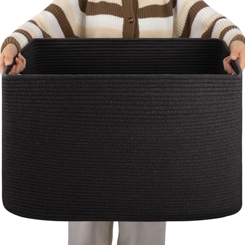 OIAHOMY XXLarge Rectangle Blanket Basket-96L, Cotton Woven Basket for Storage, Dirty Clothes Baskets for Living Room, Nursery, Bedroom, Toy Organizing with Handle, 24" x 16" x 15", Charcoal Black - color: Charcoal Black, size: 24”x16”x15”