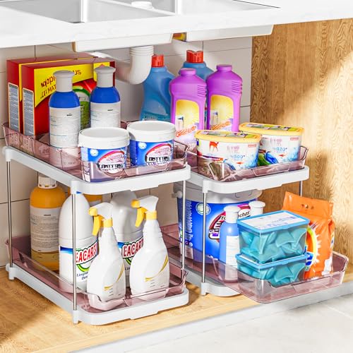 Delamu 2-Tier Multi-Purpose Bathroom Under Sink Organizers and Storage, Stackable Kitchen Pantry Organization, Pull Out Medicine Cabinet Organizer with Movable Dividers, Light Pink, 2 Pack - color: Light Pink, size: 2 Pack