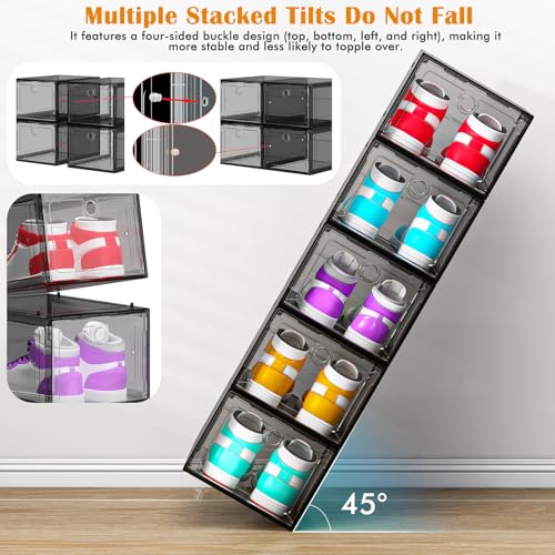ARSTPEOE 6 Pack Upgrade Harder Shoe Organizer, Shoe Storage with Magnetic Front Door, Clear Shoe Boxes Foldable Space-Saving Shoe Rack for Sneaker Boot Container, Black - color: Black, size: Upgrade 6 Pack