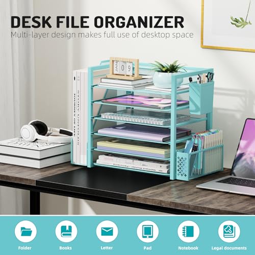 Simple Trending 6 Tier Desk File Organizer, Paper Letter Tray Organizer with File Holder and Pen Container, Blue - style: 6 Tier Blue-Pen Container
