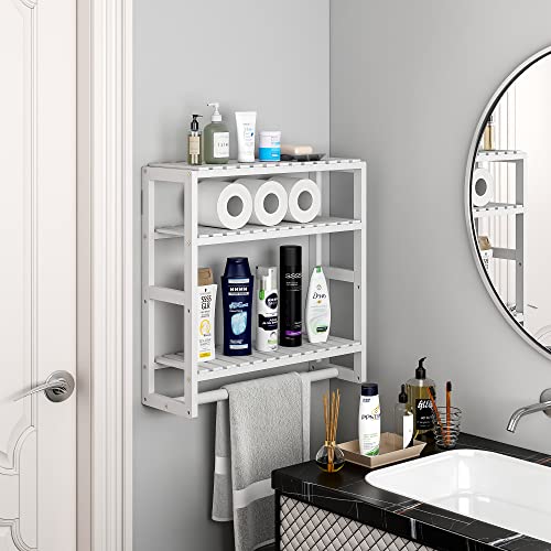 Galood Over The Toilet Storage Bathroom Shelves Wall Mounted 3 Tier Space Saver Corner Shelf Organizer Bamboo Towel Rack Toilet Paper Cabinet with Hanging Rod White - color: White 1pack, size: Large