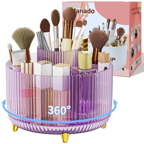 Clear Rotating Makeup Organizer Countertop for Vanity, 360° Makeup Brush Holder Organizer with 5 Compartments, Transparent Cosmetic Storage for Lipstick, Skincare, Bathroom Counter(Transparent Purple) - color: Transparent Purple