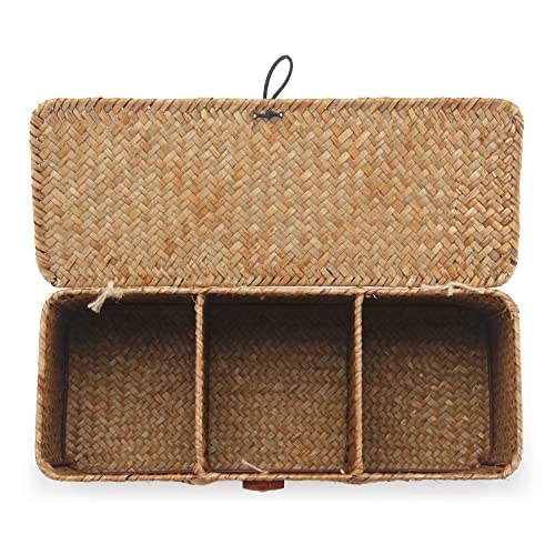 Seagrass Tank Basket with Lid Woven Toilet Roll Storage Basket with Sections Rectangular for Organize Snack Toys Tampon (Large Compartment 16.5inch L x 5.5inch W x 5.5inch H) Natural - color: Natural