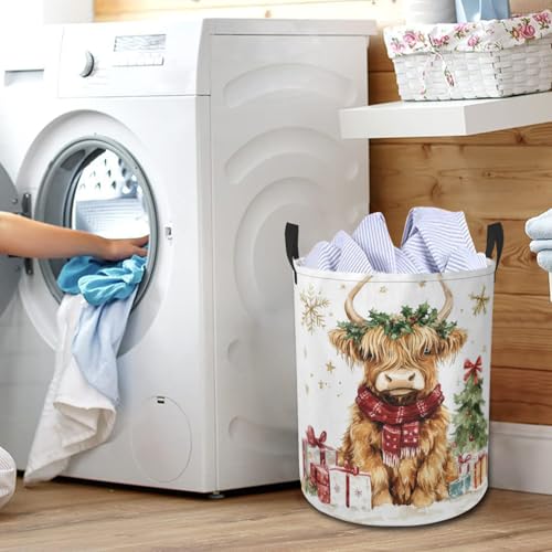 Christmas Highland Cow Laundry Basket Cute Animal Foldable Laundry Hamper with Handles Clothes Storage Bin for Household Bedroom Bathroom Dorms 17.3"x13.6" - color: Christmas Highland Cow