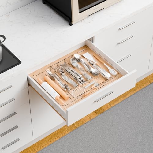 Yieach Large Clear Expandable Silverware Drawer Organizer for Kitchen,BPA FREE Adjustable Utensil Drawer Organizer and Silverware Tray,Plastic Flatware Organizers,Cutlery,Knife,Fork and Spoon Holder - size: L - 12.6 to 21.3