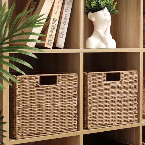 12X12X10in Plastic Wicker Storage Basket, Collapsible Wicker Cube Storage for Shelves, Woven Plastic Storage Basket for Pantry, Bedroom, Living Room, Bathroom, Shelves-3 Pack - color: Natural