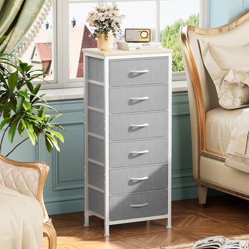 Huuger 43.3 Inch Tall Dresser for Bedroom, 6 Drawer Night Stand & Chests of Drawers, Fabric Dresser for Closet, Bedroom, Nightstand, End Table with Metal Frame, Storage Tower with Fabric Bins, Grey - color: Grey, size: 43.3inch(6 Drawers)