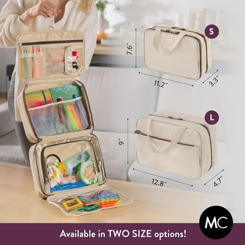 Kids Travel Organizer – Multi-Compartment, Water-Resistant Hanging Bag for Toys, Snacks, & Activities - Compact, Lightweight Design with Hook & Carry Handle - Perfect for Travel Use (Beige, Large) - color: Beige, size: Large
