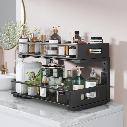 1 Pack 19IN Depth Under Sink Organizer, 2-Tier Pull Out Cabinet Organizer With Smooth Circular Rail, Large Capacity Metal Mesh Sliding Drawers For Bathroom& Kitchen Storage,Height Adjustable-Black - color: Black, size: 1 Pack-19"Dx11.6"-16.7" H