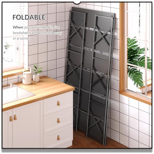 4NM Extra Wide 6 Tiers No Assembly Book Shelves, 61.8" H Folding Bookshelf Bookcase Open Industrial Foldable Shelves for Bedroom, Living Room, Home Office - All Black - color: All Black, size: Wide XX 6-Tier