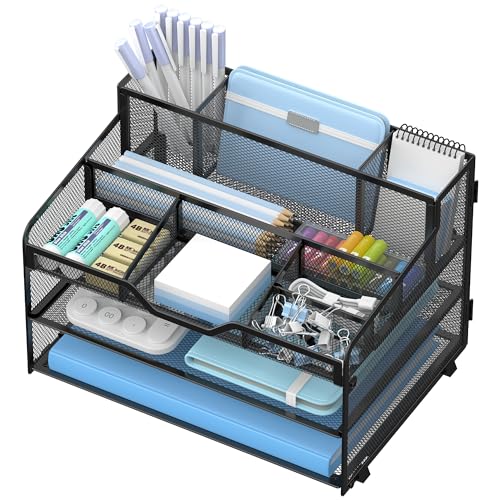 3 Tier Mesh Desk Organizer,Multi Functional Letter Paper Tray with 3 Pen Holders and 5 Adjustable Storage Compartments for Office Supplies Files and Mail Space Saving Desktop Organizer-Black - color: 3 Tier-black