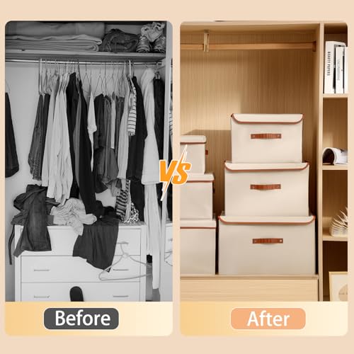 Tuza 2-Pack Large Fabric Storage Bins with Lids, Foldable Storage Boxes with Lids for Organizing, Decorative Storage Boxes with Handles for Home, Bedroom, Closet, Office(Khaki, Medium) - color: Khaki, size: 2 Pack - Medium