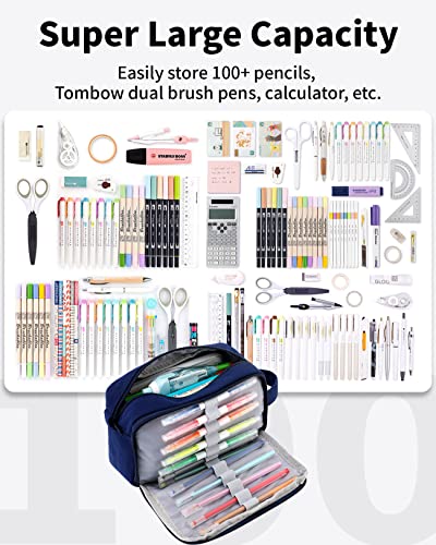 Sooez Big Capacity Pencil Pen Case, Upgraded Canvas Pencil Pouch Pencil Bag Organizer, Large Storage with Separate Compartments Easy Grip Handle, Aesthetic Supply for School Teens Adults - color: Canvas Navy Blue