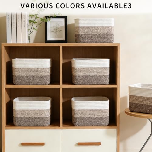 4 Pack Storage Baskets for Organizing, 12''Lx9''Wx8''H Woven Baskets for Storage Toys, Towels, Books, and Clothes, Cotton Rope Basket for Shelves with Handle White & Brown - color: White & Khaki