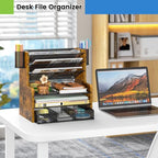 DAOUTIME 6-Tier Mesh Desk Organizer with Drawer, Wooden Office Organizer for Papers, Folders & Office Supplies - Sturdy Desktop File Holder with 2 Pen Holders - Space Saving Home Office Accessories
