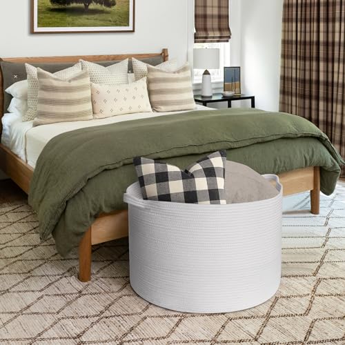 MEGASKET 115L White Cotton Rope Storage Basket, 23.6"x15.7" Extra Large Blanket Storage Living Room, XXXL Soft Toy Bin for Organizing, Woven Baby Laundry Basket with Handle, Wicker Hamper Nursery - color: White, size: 23.6"x23.6"x15.7"