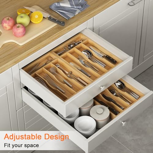Bamboo Utensil Organizer for Kitchen Drawers, Utensil Tray and Cutlery Silverware Holder,Wood Drawer Dividers with 5 Slots（2 pack） - size: 5 Slots - 2 Packs