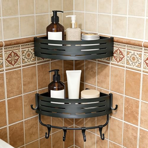Adhesive Corner Shower Caddy, 2-Tier Rustproof Aluminum， Bathroom Organizer with Towel Hanger, No Drilling， Shower Shelf, Gunmetal Gray - color: Gunmetal Gray