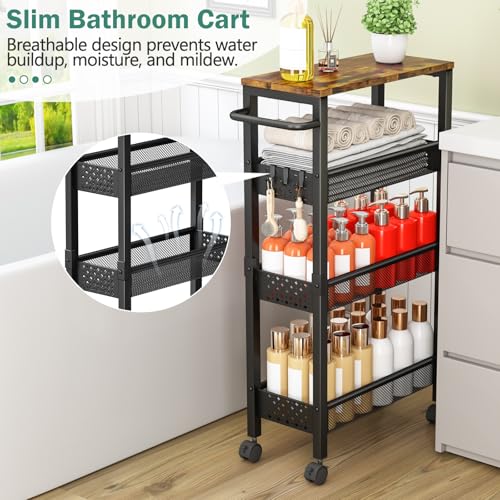 Vivihomety Utility Slim Storage Cart with Wheels, 4 Tier Small Rolling Cart with Wood Top, Metal Kitchen Bathroom Laundry Room Organization Trolley with Handle for Narrow Space – Black - color: Black, size: 7.1 inch wide