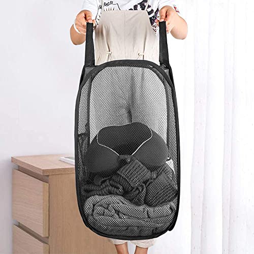 2 Packs Mesh Pop up Laundry Hamper (Black/Navy Blue) with Portable Durable Handles, Collapsible for Storage, Folding Pop-Up Clothes Hampers for Apartment, Home, College Dorm or Travel - color: Black + Blue