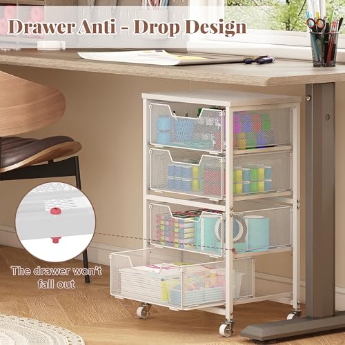 4-Drawer Rolling Storage Cart, Utility Cart with Drawers, White Metal Craft Cart Organizer with Wheels & Wooden Top, Art Supply Storage Organizer for Classroom, Office, Kitchen,Patent Pending - color: White