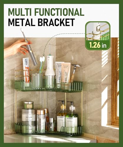 EUHOME 2-Tier Corner Bathroom Counter Organizer Makeup Cosmetic Storage, Tool-Free Installation Acrylic Vanity Shelf, Skin Care Organizer Perfume Tray for Countertop Bathroom, Dresser, Kitchen (Green) - color: Green, size: 9" x 9" x 11.8"