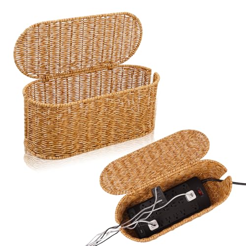 Cable Management Box, Handmade Rattan Cable Organizer, 2 Open Slots Cords Hider Box, Under Desk Cord Organizer for Computer Router USB Hub & Power Strip, Patent Pending, 15.9" x 6.5" x 6.5", Natural - color: Natural, style: Oval