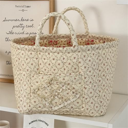 Quilted Fabric Storage Basket with Handles & Pocket, Foldable Laundry Hamper Boho Floral Print Organizer Bin for Home, Picnic, Office 12"x10"x10" (A-2) - color: A-2